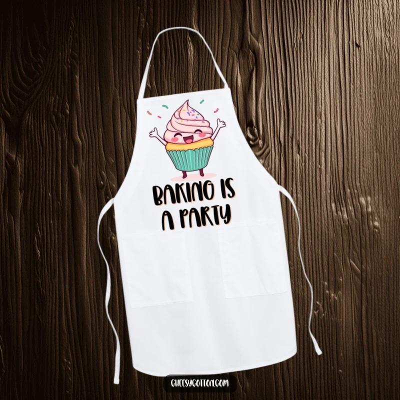 Funny apron showing a delighted cupcake dancing energetically with a whimsical spray of sprinkles, perfect for bakers.