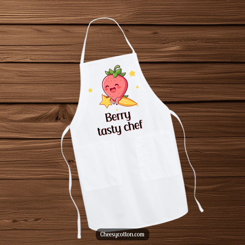 Funny apron with a cheerful strawberry character, excitedly riding a shooting star, ready for kitchen adventures.
