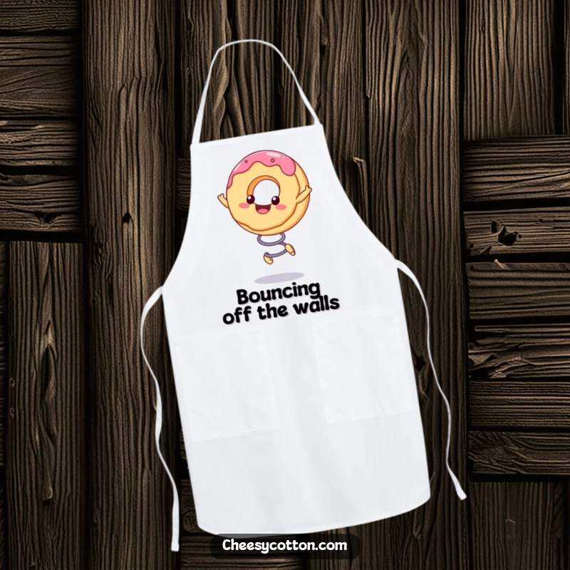Funny Apron showcasing a cute kawaii donut character bouncing on a spring, ready for kitchen fun and baking joy.