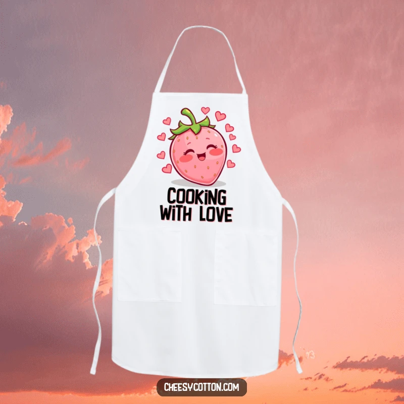 Funny kawaii strawberry giggling while juggling hearts on a practical apron, perfect for kitchen fun and sweet treats.