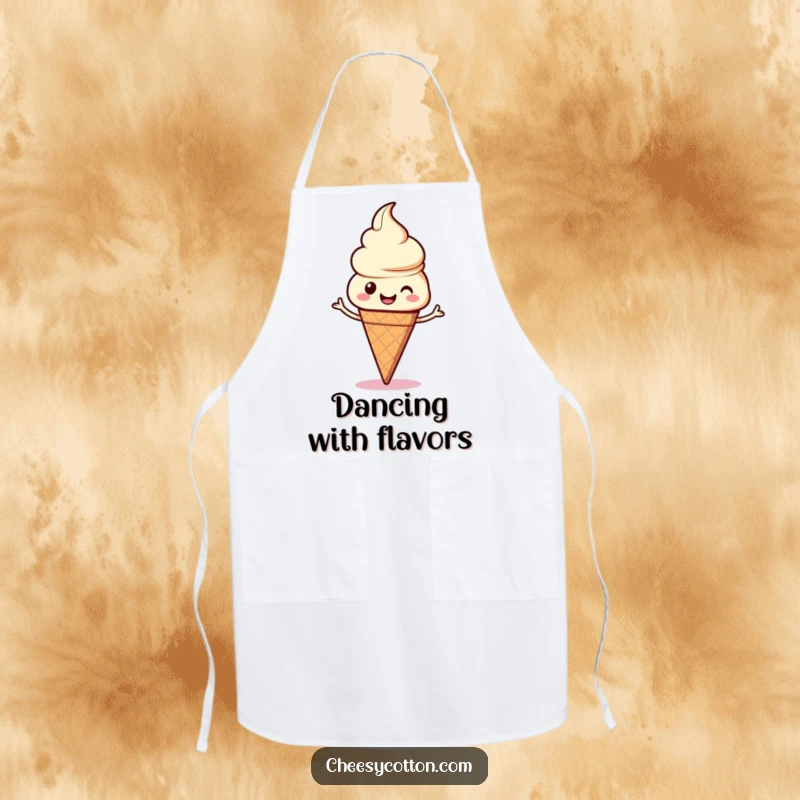 Funny kawaii ice cream cone dancing with joy on a practical apron, perfect for culinary fun and sweet smiles.