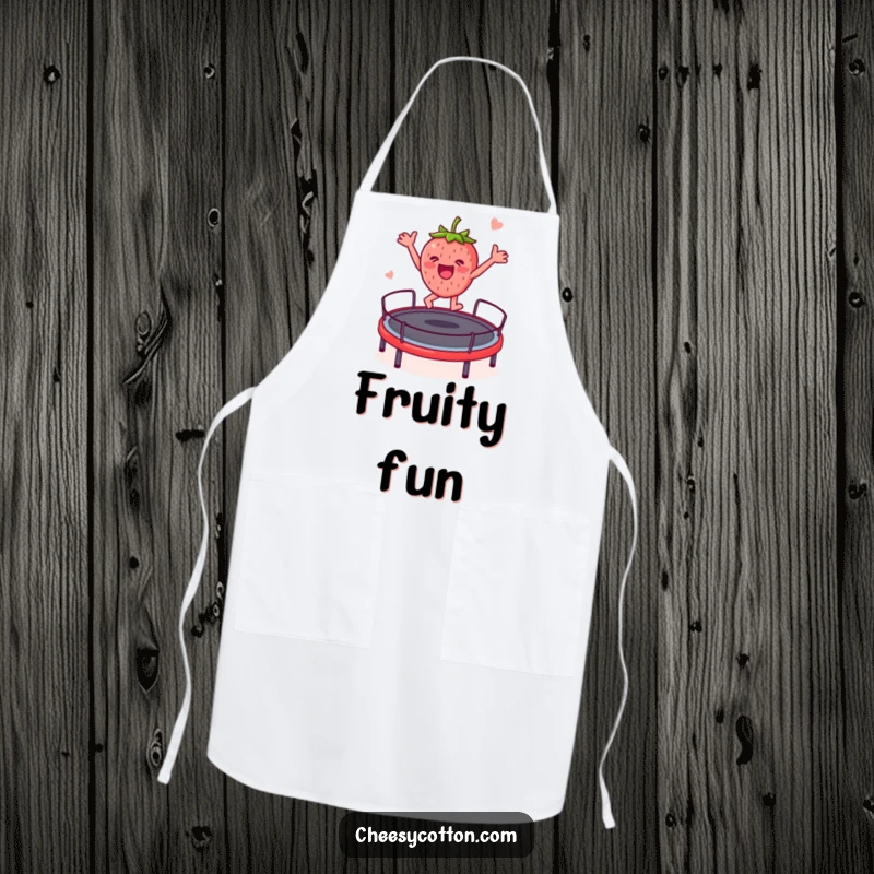 Funny strawberry character enthusiastically jumping on a trampoline, printed on a kitchen apron for humorous cooking sessions.