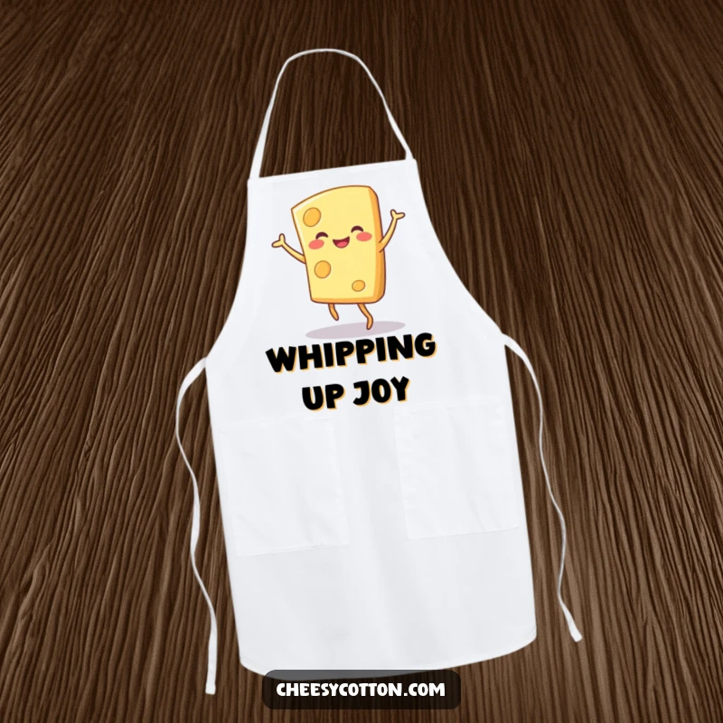 Funny smiling cheese character in a joyful dance pose, printed on a kitchen apron for humorous cooking.