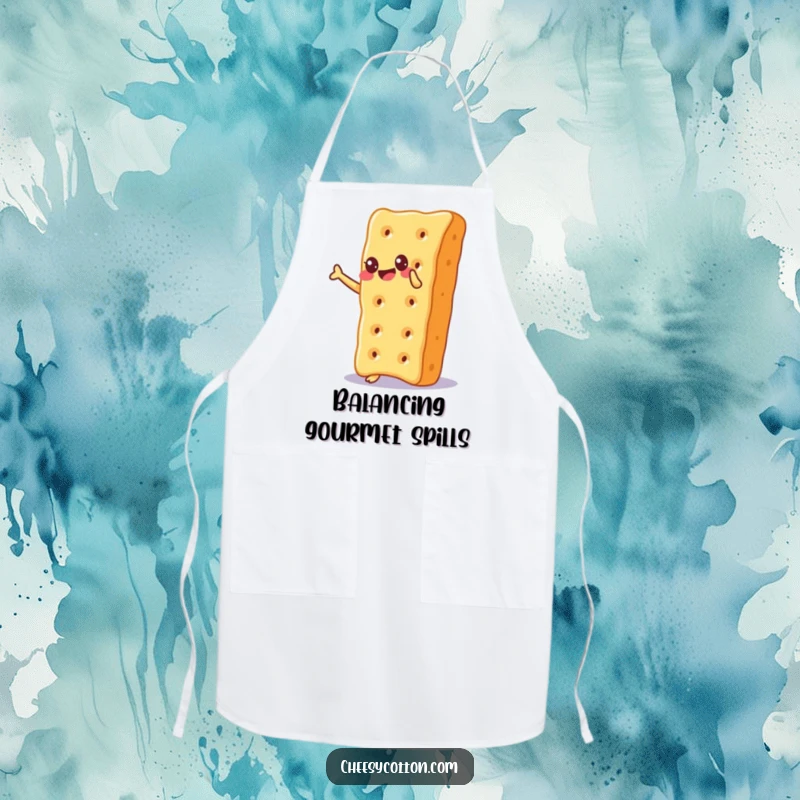 Funny Apron depicting a cheesy cracker balancing on its corner with pure glee, adding humor and protection to kitchen activities.