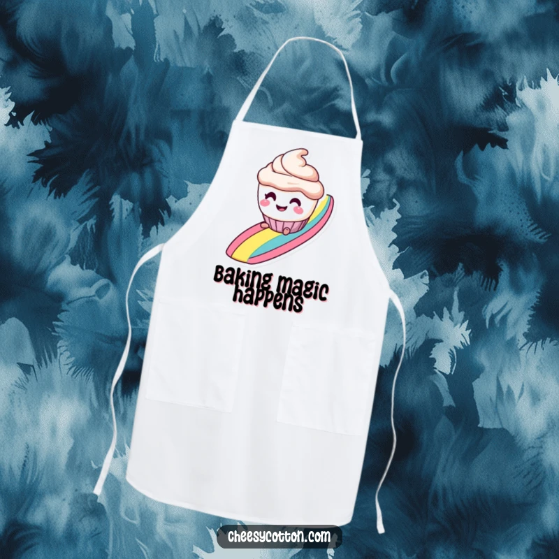 Funny apron with a smiling cupcake character with mischievous eyes, sliding down a rainbow, ready for baking fun.