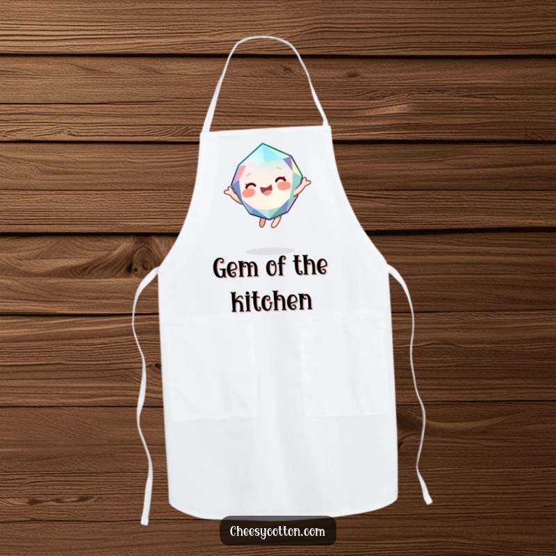 Funny kitchen apron featuring a cute, giggling gemstone character bouncing with pure joy, making cooking a delightful experience.