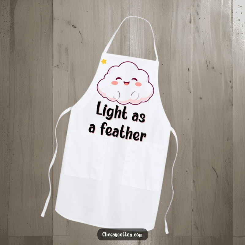 Funny Kawaii Cloud Apron: A cute kawaii cloud character giggling while floating, wearing a chef hat, ready to whip up some fun.