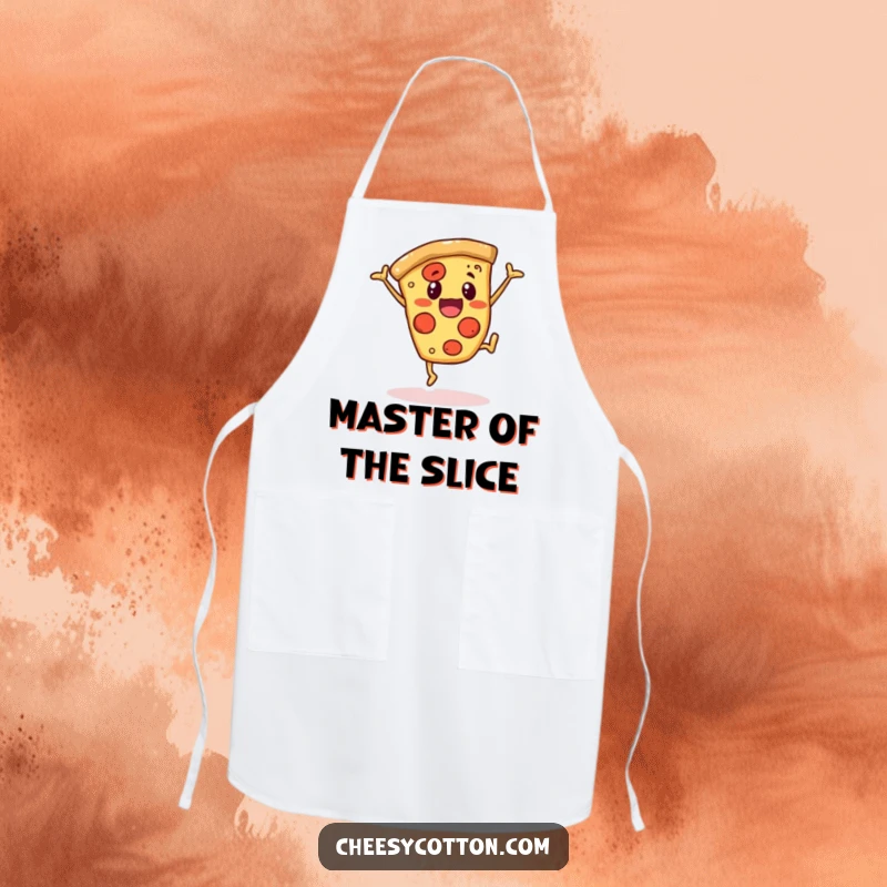 Funny kitchen apron featuring a cheerful pizza slice character doing a cartwheel, making cooking a fun and humorous activity.