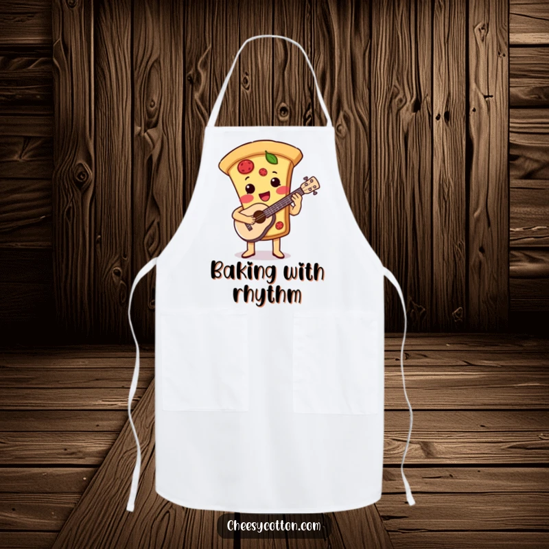 Funny apron showing a cute pizza slice character playing a ukulele, bringing musical joy to the culinary experience.