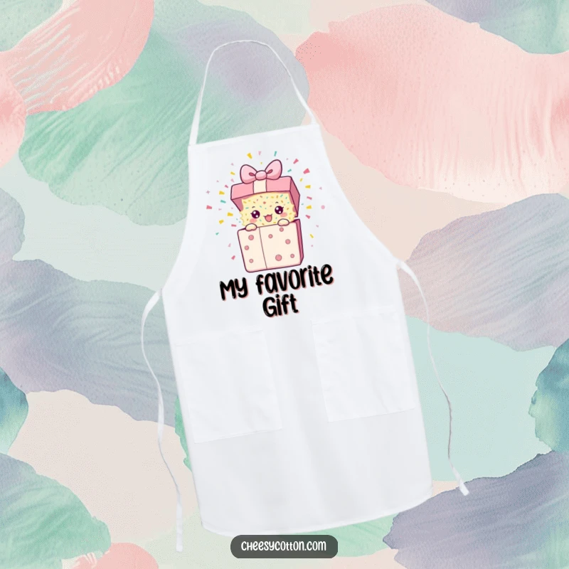 Funny Apron showcasing a present character about to burst with confetti, perfect for a humorous and messy cooking experience.