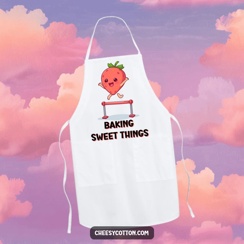 Funny apron with a kawaii strawberry character leaping over a hurdle, ideal for adding joyful determination to cooking.