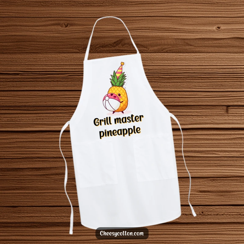 Funny kawaii pineapple wearing a party hat joyfully bouncing a beach ball on a kitchen apron.