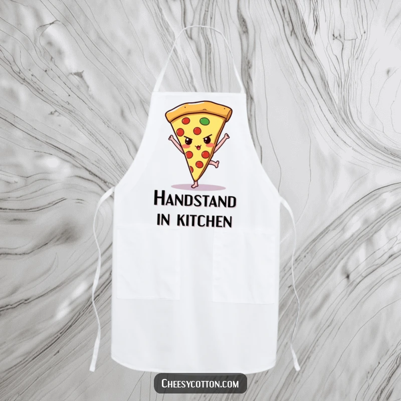 Funny kawaii pizza slice determinedly doing a handstand on a practical apron, perfect for focused kitchen fun.