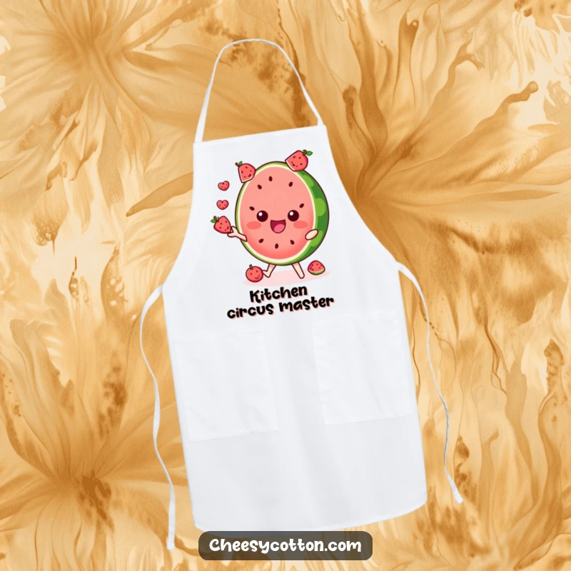 Funny apron featuring a delighted watermelon slice character juggling tiny fruits, perfect for kitchen fun.