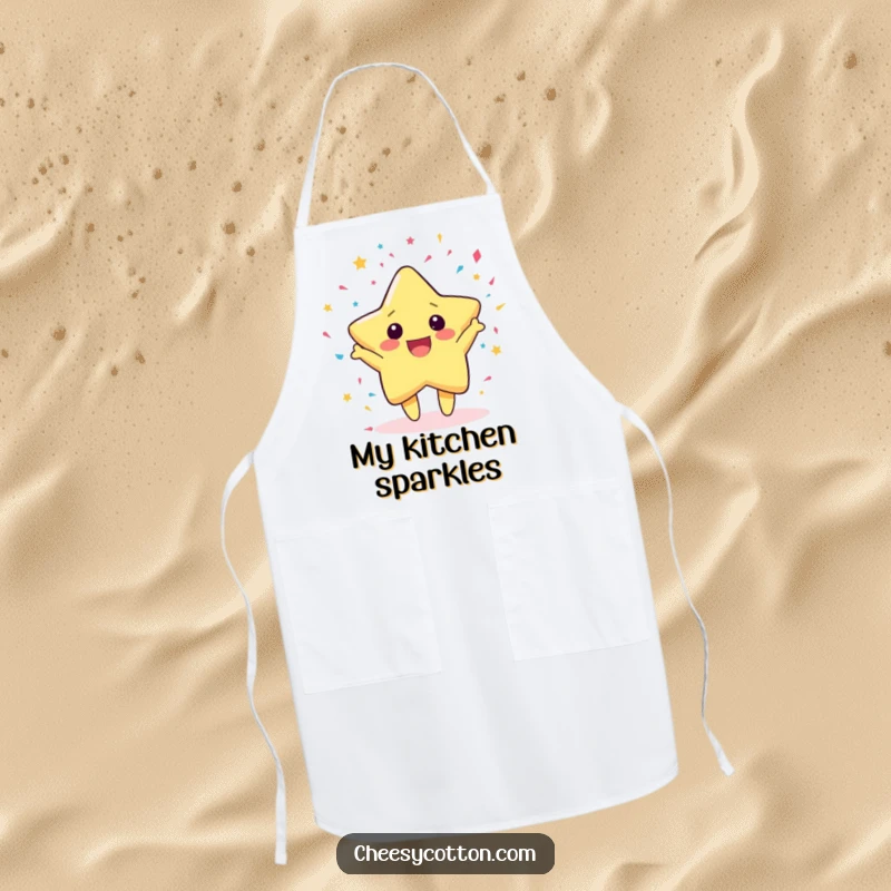 Funny Apron showcasing a cute kawaii star character gleefully throwing confetti, ready for festive cooking adventures.