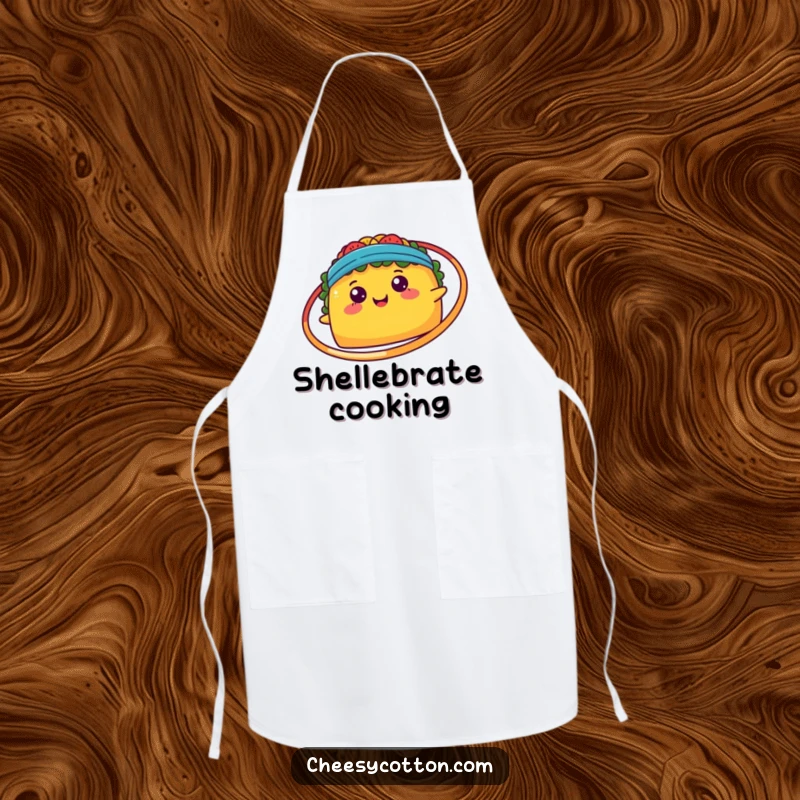 Funny happy kawaii taco spinning a hula hoop, designed on a chef apron for a fun cooking experience.