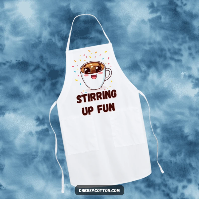 Funny excited kawaii coffee cup cheering with confetti, designed on a chef apron for a fun cooking experience.