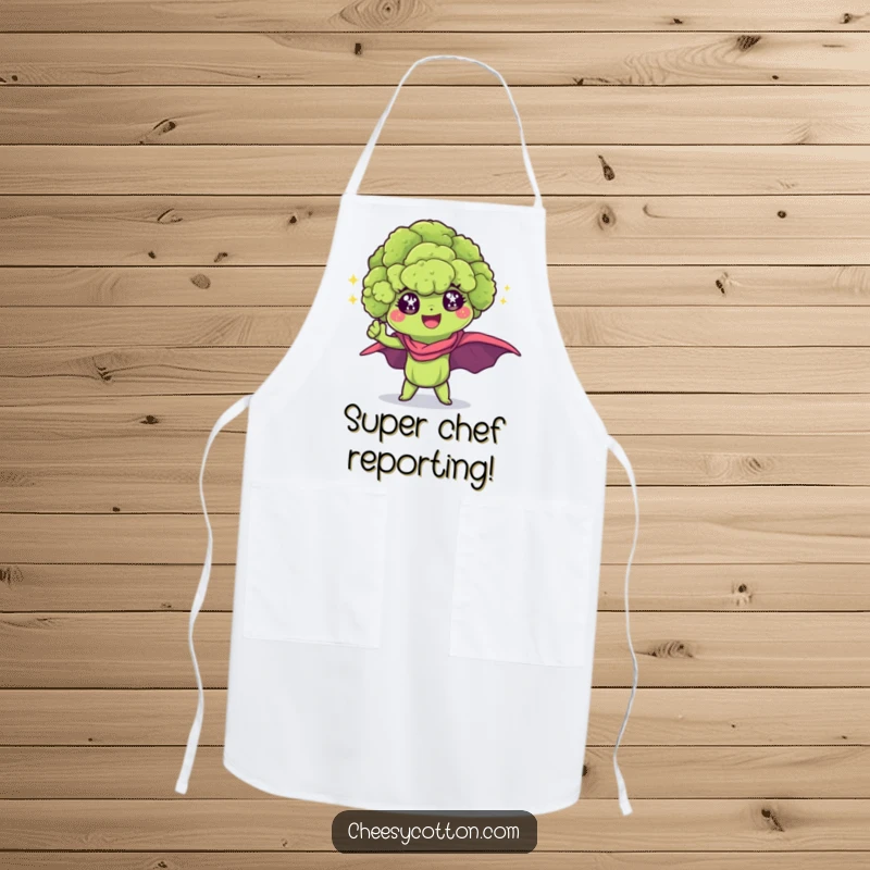 Funny Kawaii Broccoli Apron: A sparkling broccoli floret striking a superhero pose on a protective chef's apron.