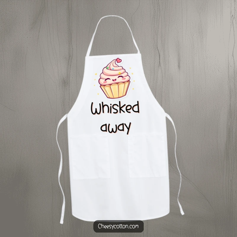 Funny Kawaii Cupcake Apron: A cute kawaii cupcake character spinning happily while wearing a chef hat, ready to bake with joy.