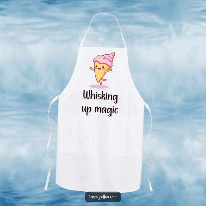 Funny apron featuring a cute ice cream cone character doing a cartwheel, perfect for joyful cooking and sweet kitchen adventures.