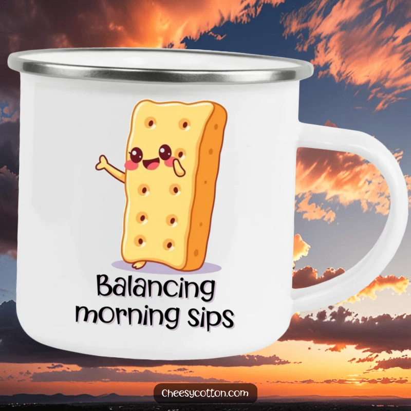 Funny Camping Mug showcasing a happy cheesy cracker balancing on its corner with glee, designed for outdoor fun and snack lovers.