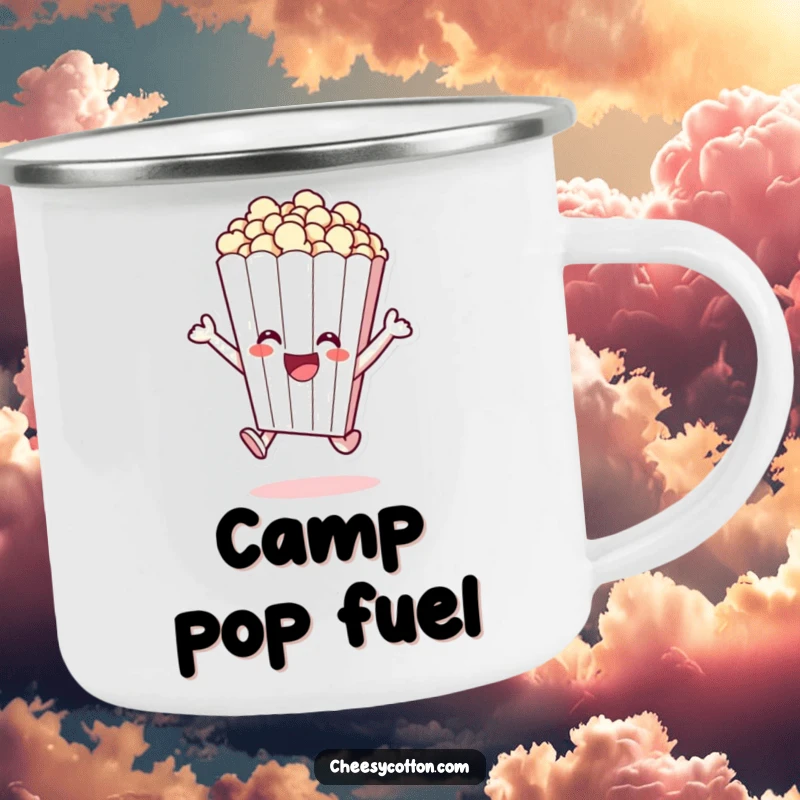 Funny camping mug with a cheerful popcorn bag character excitedly leaping, perfect for outdoor fun.