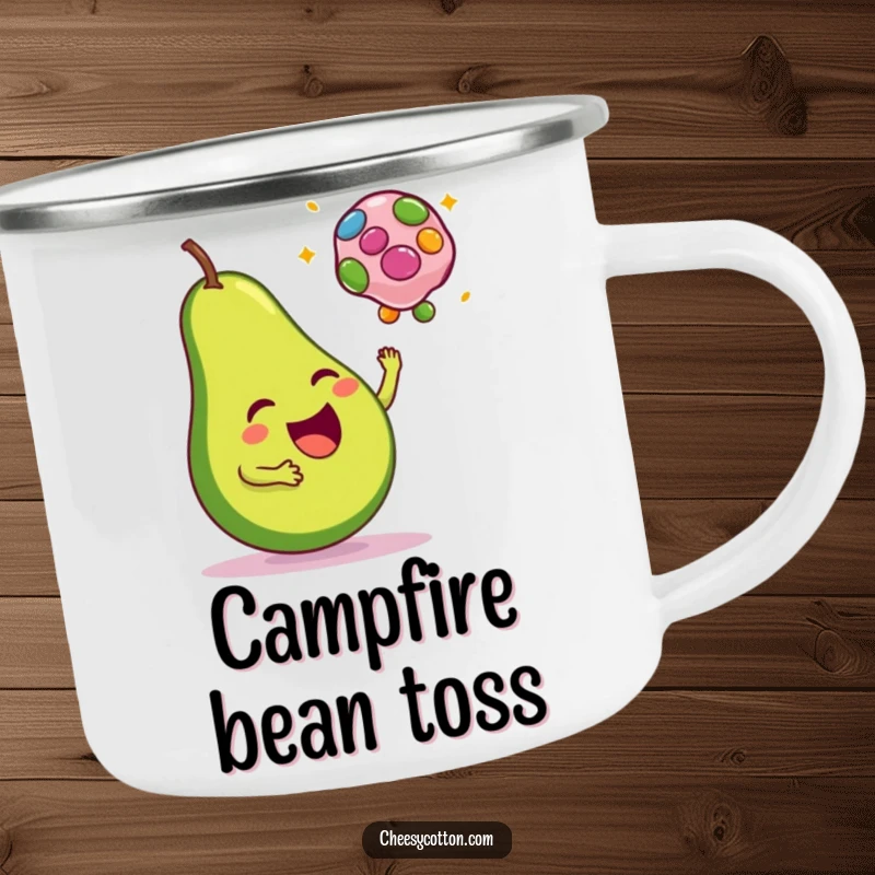 Funny camping mug depicting a happy avocado tossing a colorful bean bag, perfect for outdoor adventures.