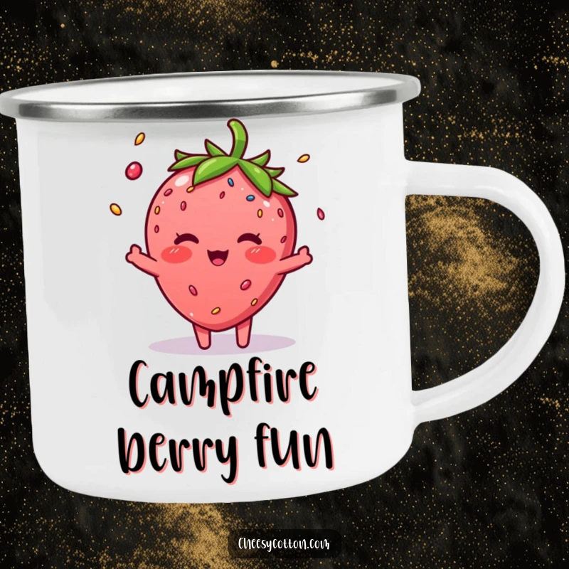 Funny Strawberry Sprinkle Camping Mug: A sturdy mug featuring a blushing strawberry character juggling colorful sprinkles.