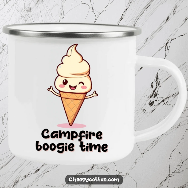 Funny kawaii ice cream cone dancing merrily on a durable camping mug, ready for sweet outdoor breaks.