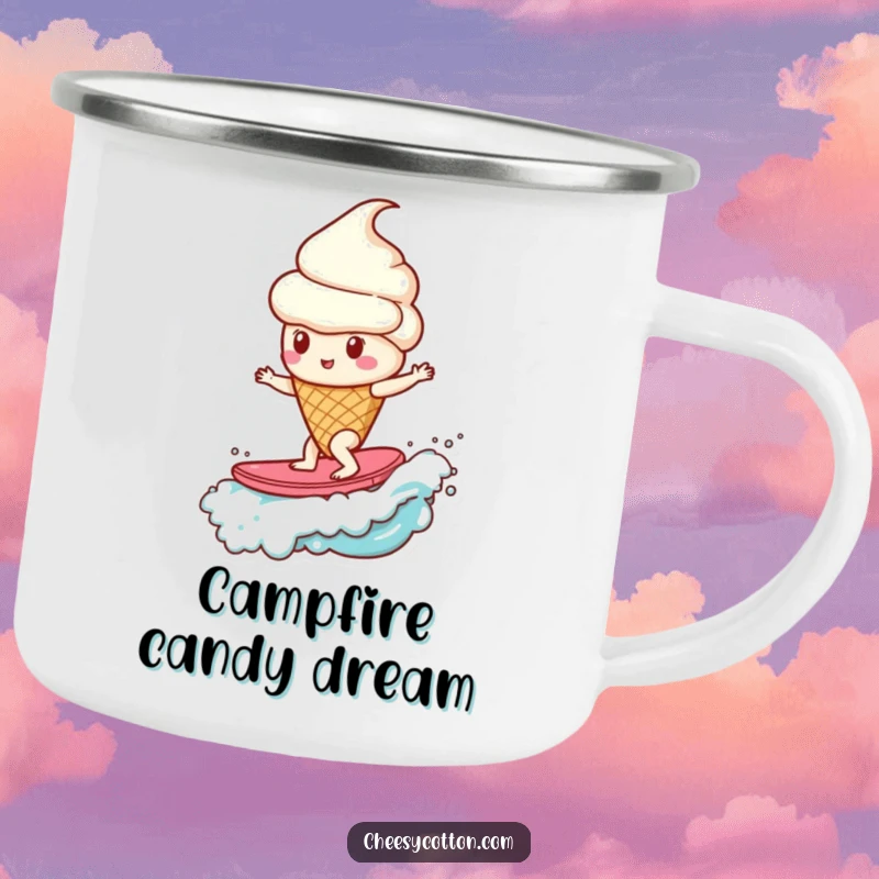 Funny ice cream cone surfing a candy wave, a sturdy and humorous camping mug for sweet adventures.