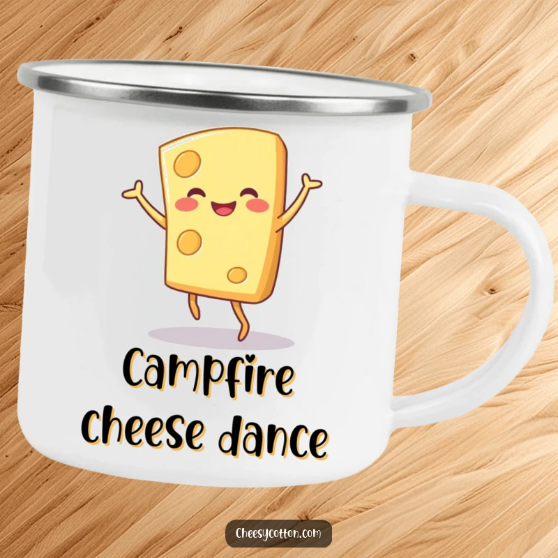 Funny cheese character doing a joyful dance, depicted on a sturdy camping mug for outdoor enjoyment.