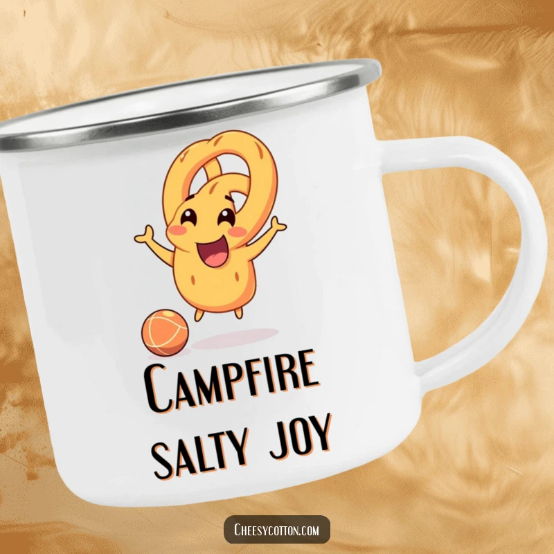 Funny pretzel character joyfully bouncing a rubber ball, durable enamel mug for cheerful outdoor playtime.