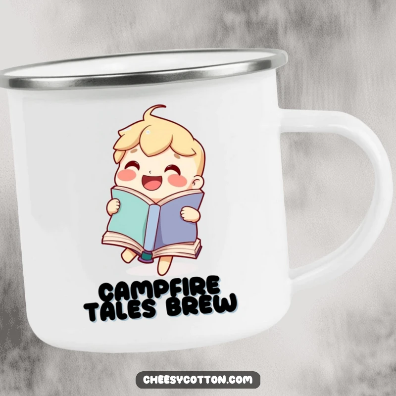 Funny enamel camping mug with a joyful book character happily flipping its pages, perfect for outdoor adventures and literary enjoyment.