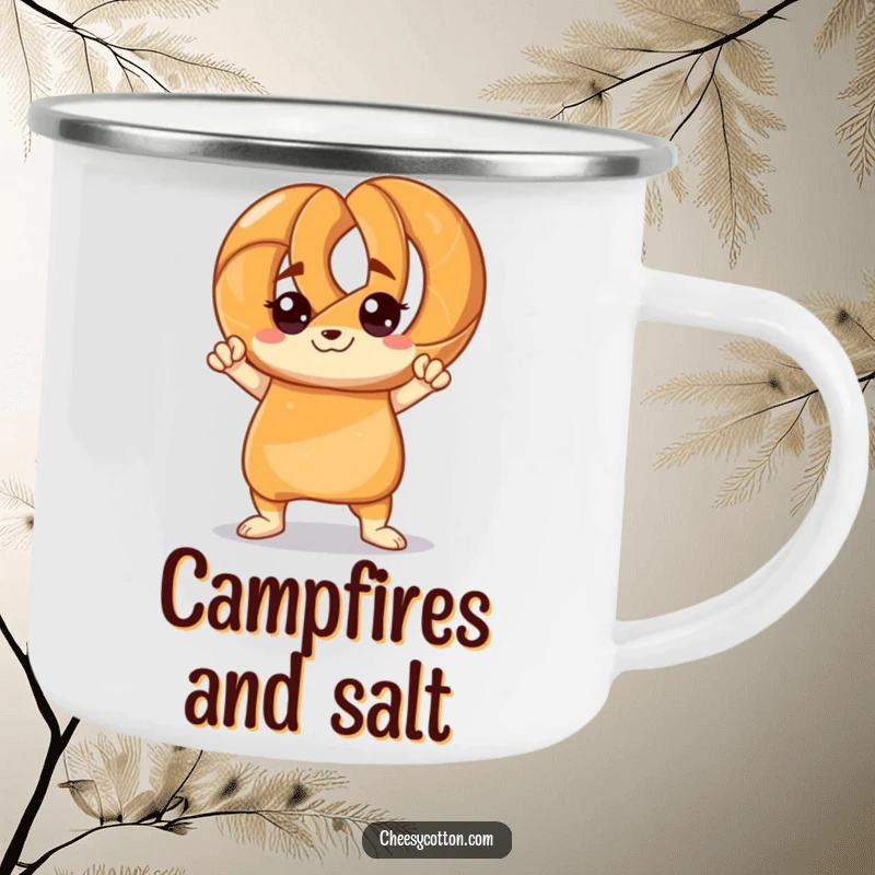 Funny camping mug with a pretzel character striking a confident pose, adding a touch of salty humor to outdoor activities.