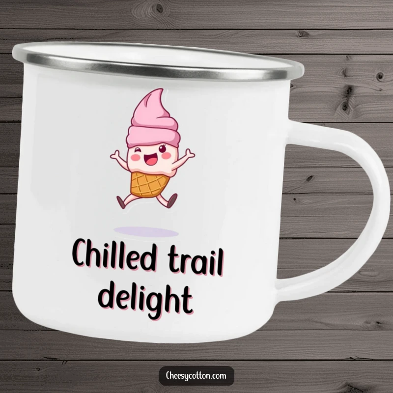 Funny ice cream cone character doing a cartwheel on a durable enamel camping mug, perfect for outdoor enjoyment.