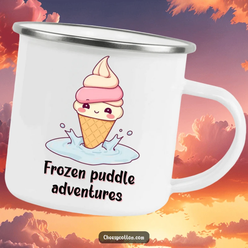 Funny Camping Mug: A beaming ice cream cone splashing in a puddle brings sweet, joyful vibes to outdoor drinks and adventures.