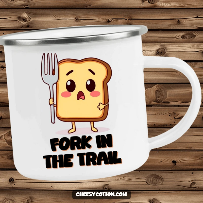 Funny camping mug showing a surprised toast character equipped with a giant fork, ready for campfire meals.