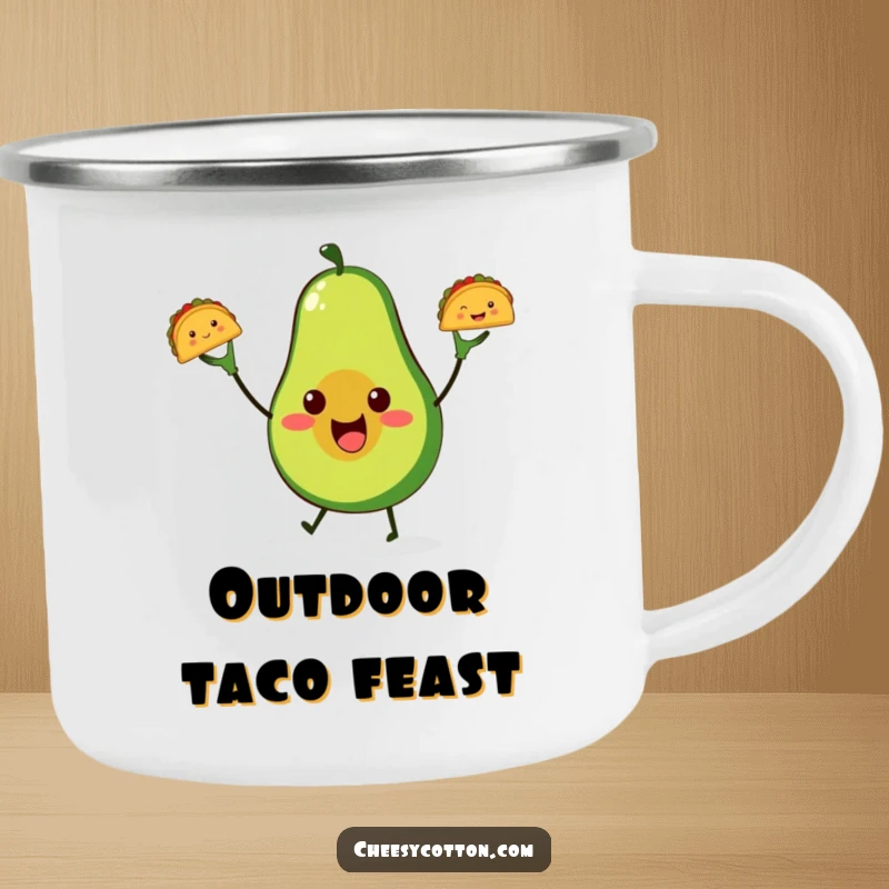 Funny avocado taco juggling camping mug, featuring a joyful avocado juggling tacos, perfect for outdoor enthusiasts.