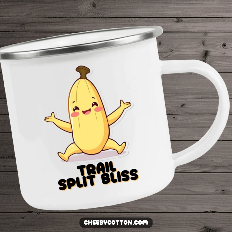 Funny camping mug with a smiling banana character doing a playful split, perfect for outdoor trips.