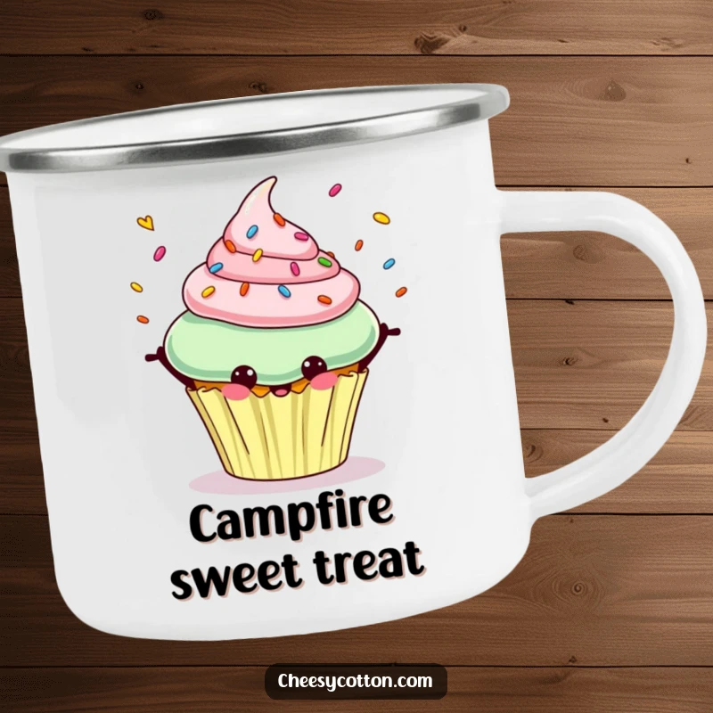 Funny camping mug showing a cheerful cupcake character juggling colorful sprinkles, ready for outdoor fun.