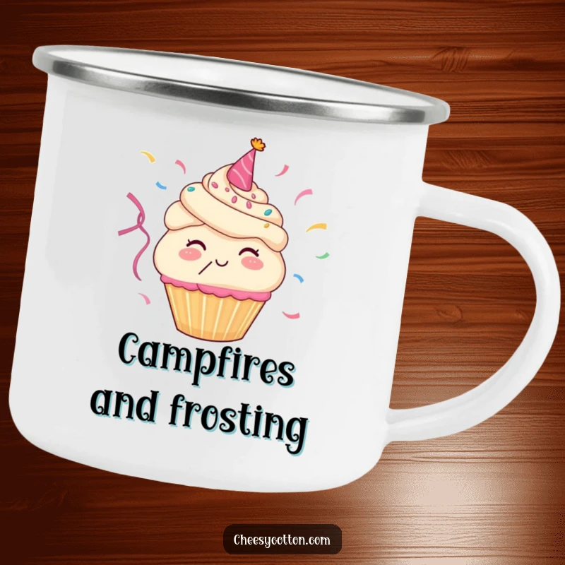 Funny camping mug with a happy cupcake character blowing colorful party streamers, adding a festive and humorous touch to camping.