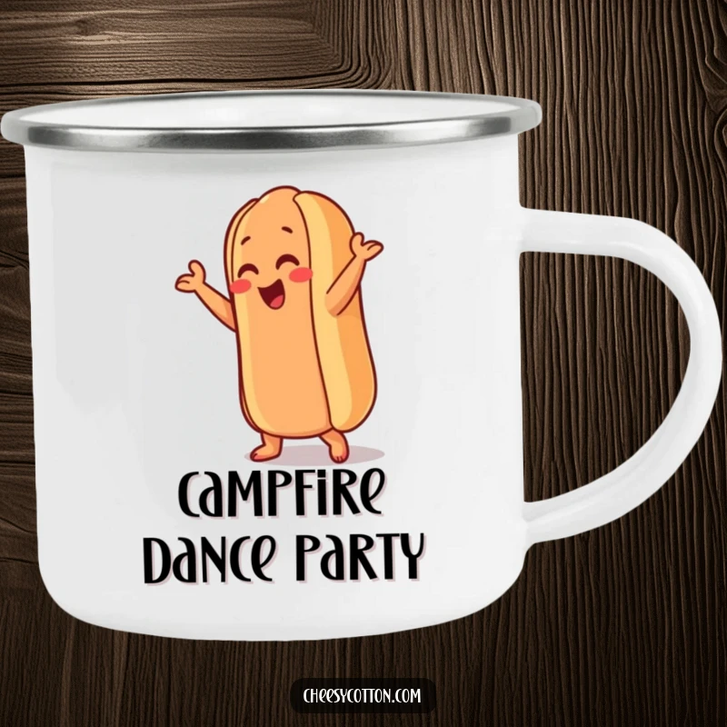 Funny Hot Dog Camping Mug: A sturdy mug featuring a hot dog character performing a silly dance move, perfect for enjoying beverages outdoors with a laugh.