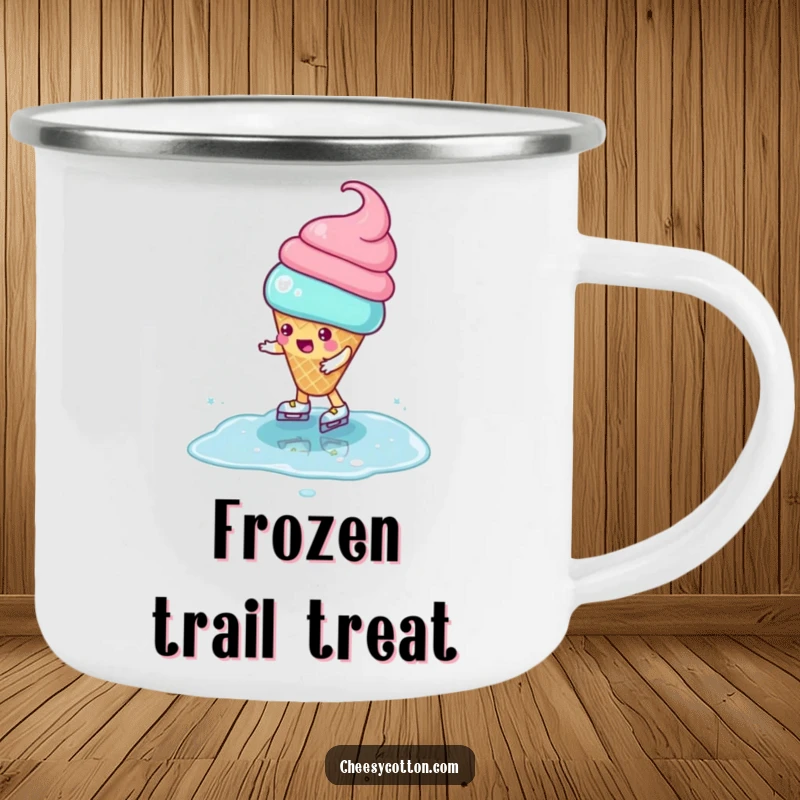 Funny Camping Mug featuring a playful ice cream cone character attempting to ice skate on a puddle, perfect for outdoor fun.