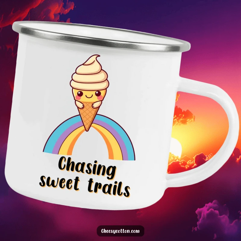 Funny Kawaii Ice Cream Camping Mug: A cute, happy kawaii ice cream cone character sliding down a rainbow, perfect for outdoor drinks.