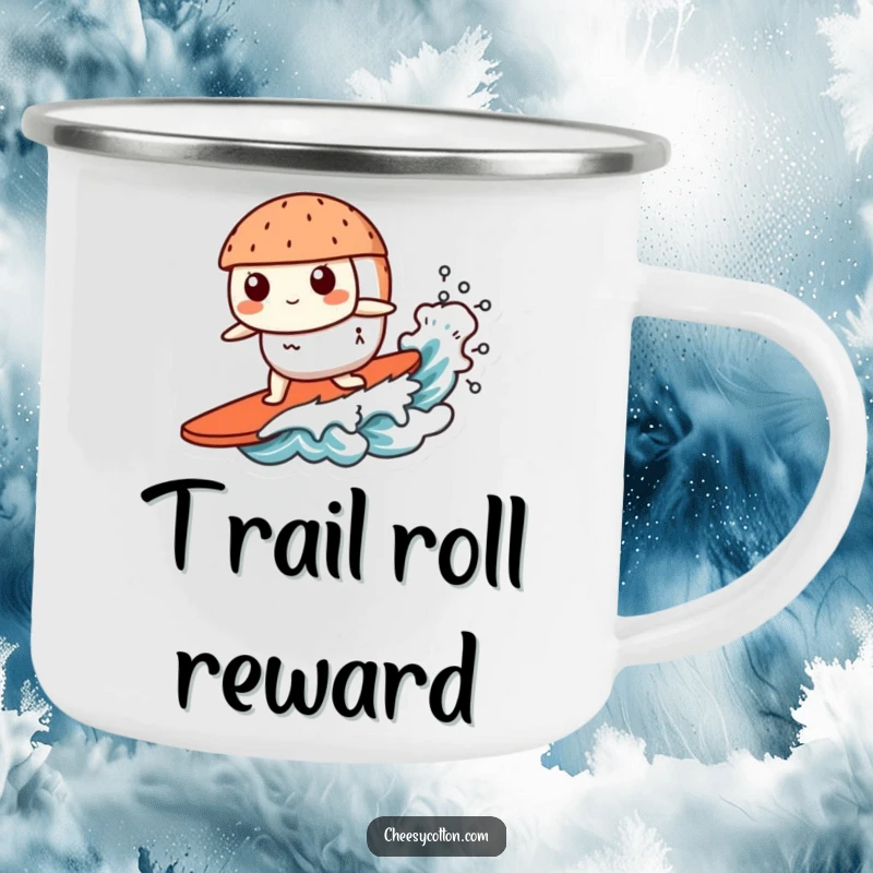 Funny Kawaii Sushi Camping Mug: A cute, happy kawaii sushi character surfing a small wave, perfect for enjoying drinks outdoors.