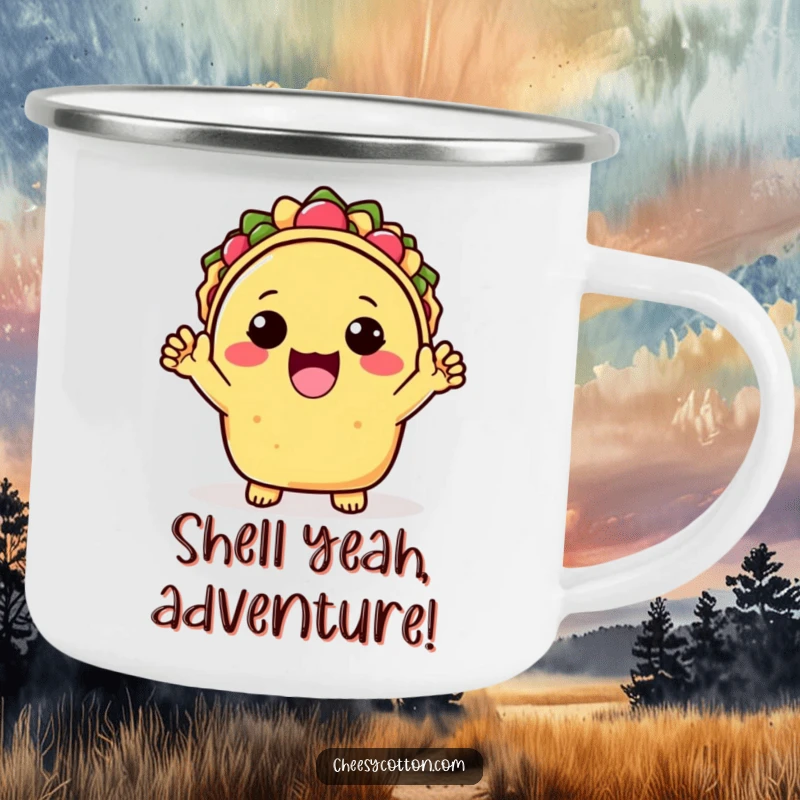Funny Camping Mug featuring a vibrant kawaii taco character cheering with both hands, designed for outdoor fun and taco enthusiasts.