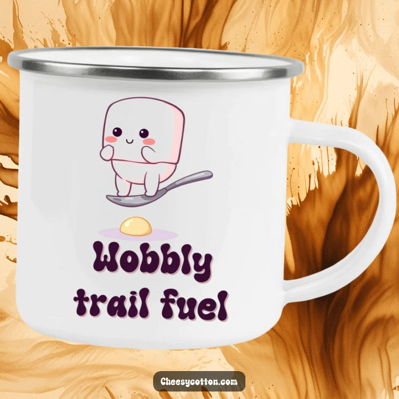 Funny camping mug with a bouncy marshmallow character comically struggling to balance on a tiny spoon, built for rugged adventures and hearty laughs.