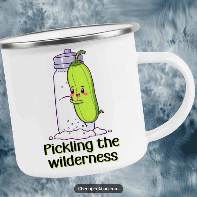 Funny camping mug with a determined pickle character comically climbing a giant salt shaker, built for rugged journeys and humorous motivation.