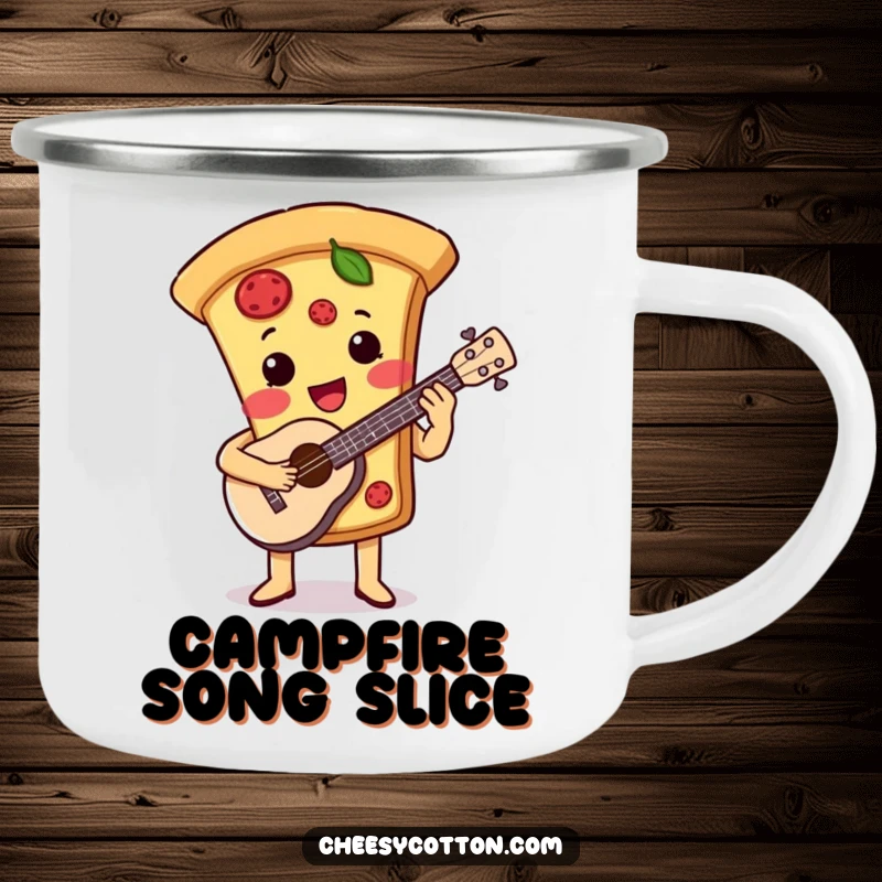 Funny camping mug with a cute pizza slice character playing a ukulele, ready for outdoor music sessions.