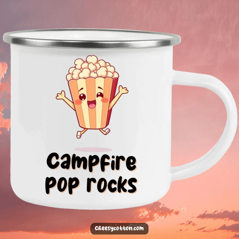 Funny camping mug featuring a cheerful popcorn bag character joyfully leaping, ideal for outdoor movie enthusiasts.